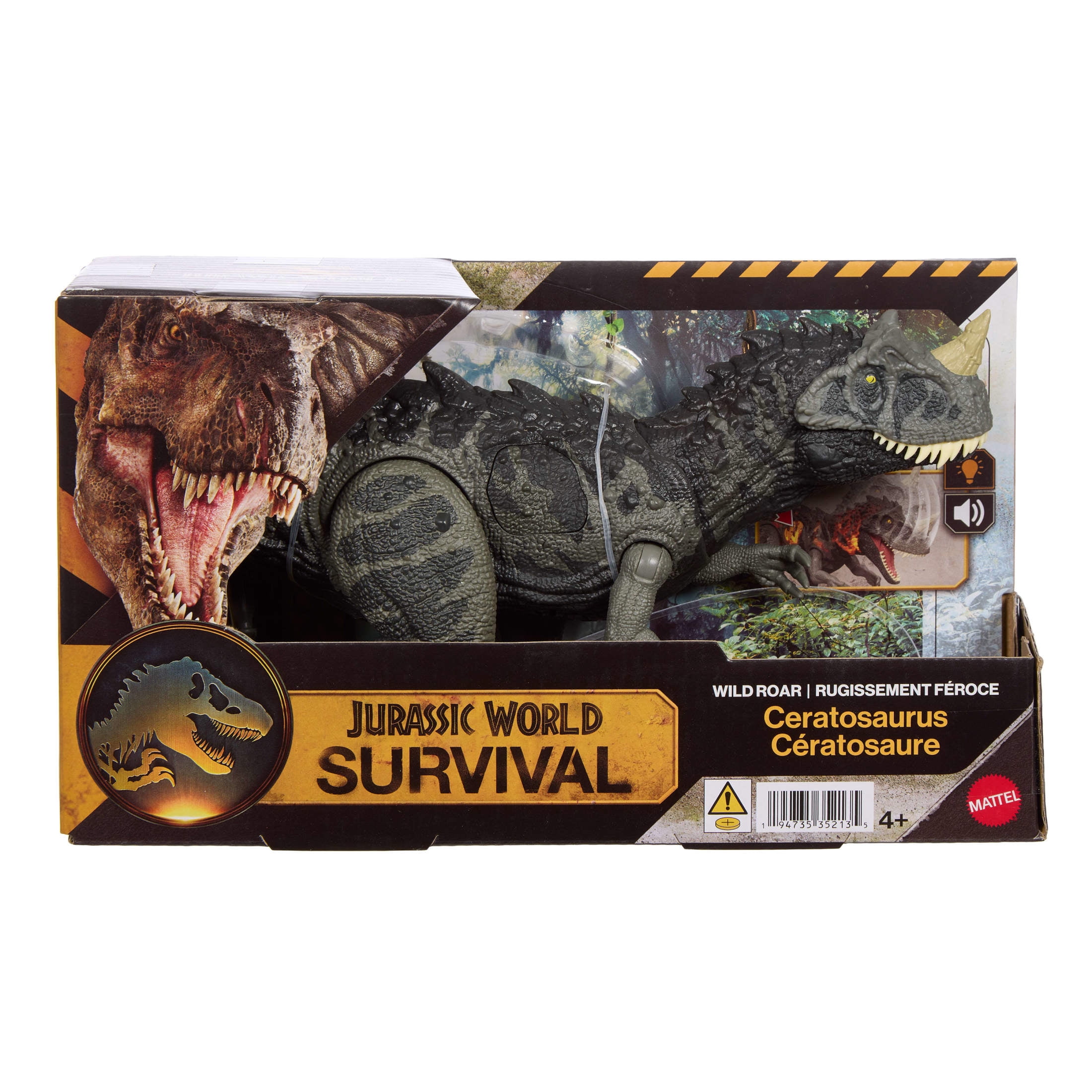 Jurassic World Wild Roar Ceratosaurus Dinosaur Action Figure Toy, Attack, Light & Sound, Scan Code