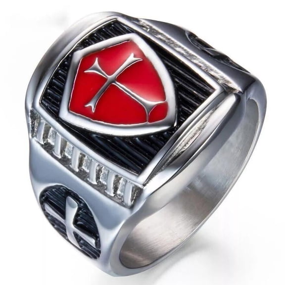 Mens Shield Cross Knights Templar Ring Silver Stainless Steel Enamel Red R23