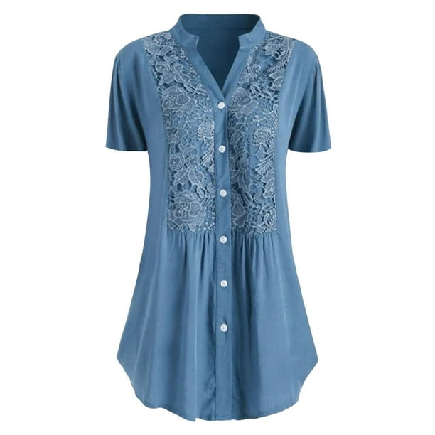 Pntutb Moda Mujer Casual Tallas grandes Encaje Sólido Manga corta Cuello en V Camisa Blusa tops Pntutb Pntutb-3038