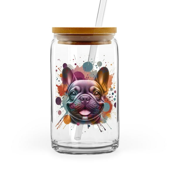French Bulldog Portrait Watercolor Vintage Retro Styles 16oz Glass Cup Mug Dog Lover Gifts Glass Can with Bamboo Lid and Straw - 00001