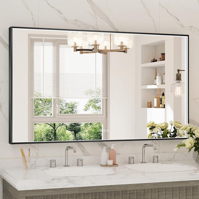 Twalsu 55x32 Inch LED Bathroom Mirror, Black Metal Framed Lighted Mirror for Bathroom, Wall Mouted LED Vanity Mirror with Lights, 3 Colors and Stepless Dimmable, Anti-Fog, Memory