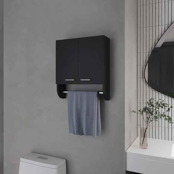 Black Medicine Cabinet with Towel Bar,Black Particle Board Bath Faucets Bathroom Storage
