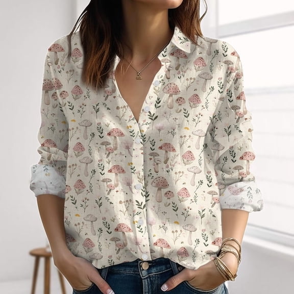 Vintage Mushroom Blouse Shirt, Goblincore Line-Look Shirt, Mushroom Collector Casual Shirt, Nature Love Shirt For Summer, Gift For Her