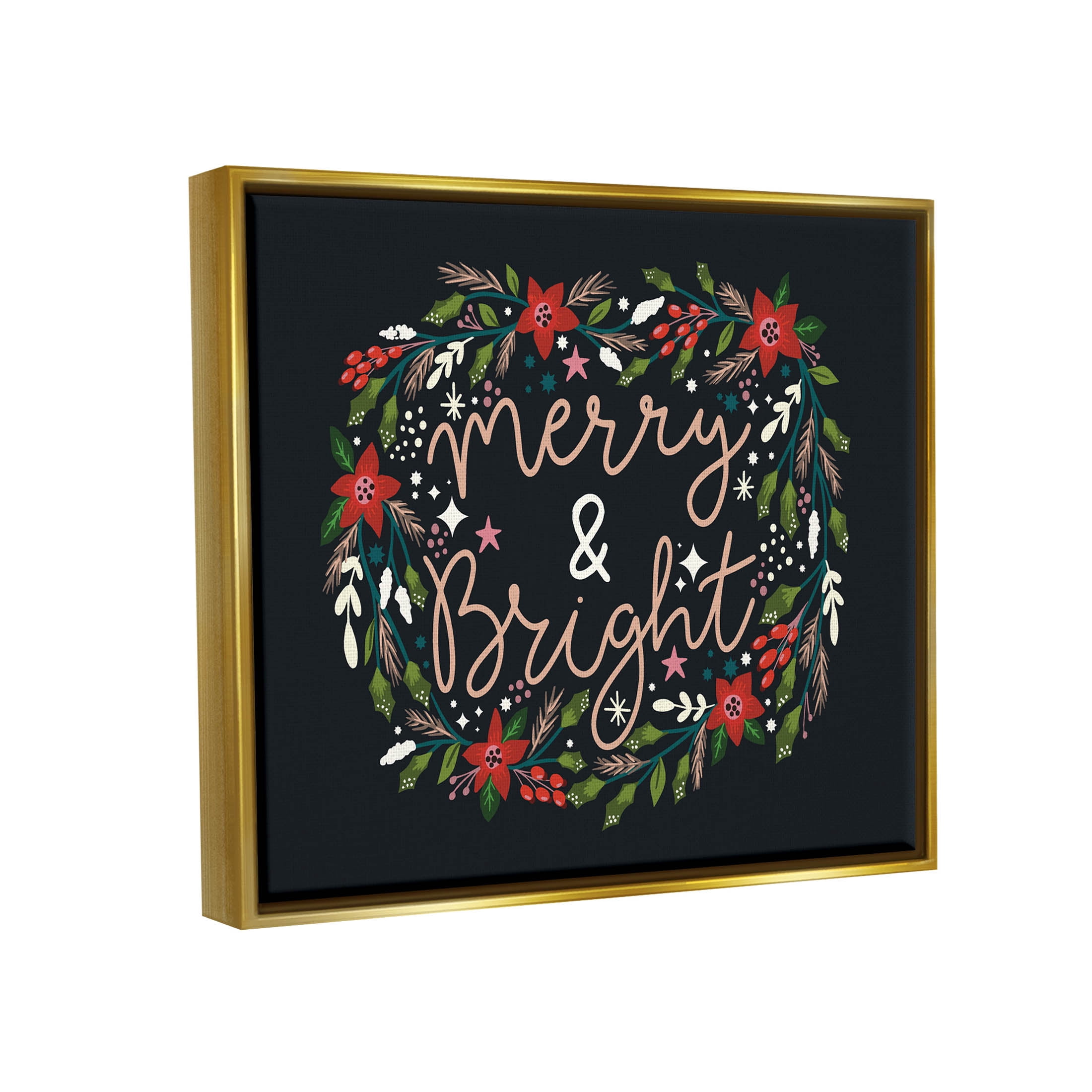 Merry & Bright Poinsettia Wreath Holiday Graphic Art Metallic Gold Framed Art Print Wall Art
