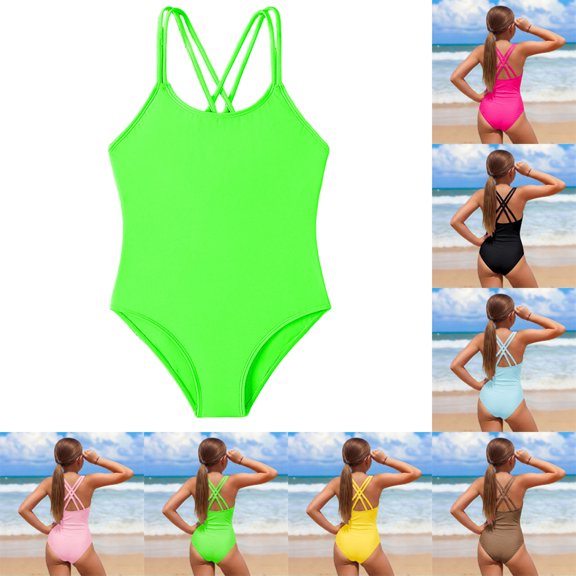 Girl Swimsuits Padded 1 Piece Swimming Suits Quick Dry Summer Swimwear Crossback 1 Piece Girls Swimsuit 11-12 Years
