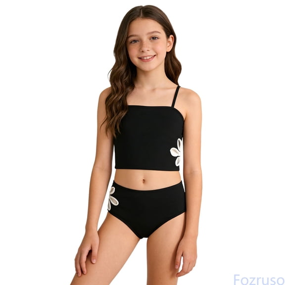 Fozruso Floral Side Print Tankini Swimsuit Two Piece For Big Girls Solid Color Summer Swimwear 2 Piece Bathing Suit Sizes 7-8 Years