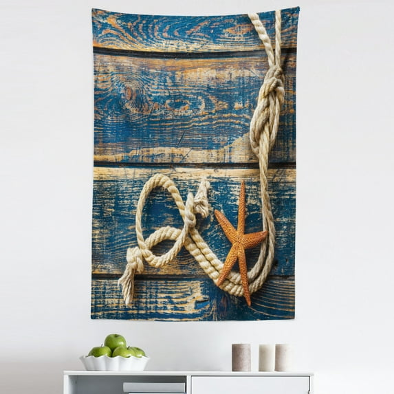 Maritime Tapestry, Marine and Starfish on Old Wooden Planks Backdrop Picture, Fabric Wall Hanging Decor for Bedroom Living Room Dorm, 5 Sizes, Night Blue Amber, by Ambesonne