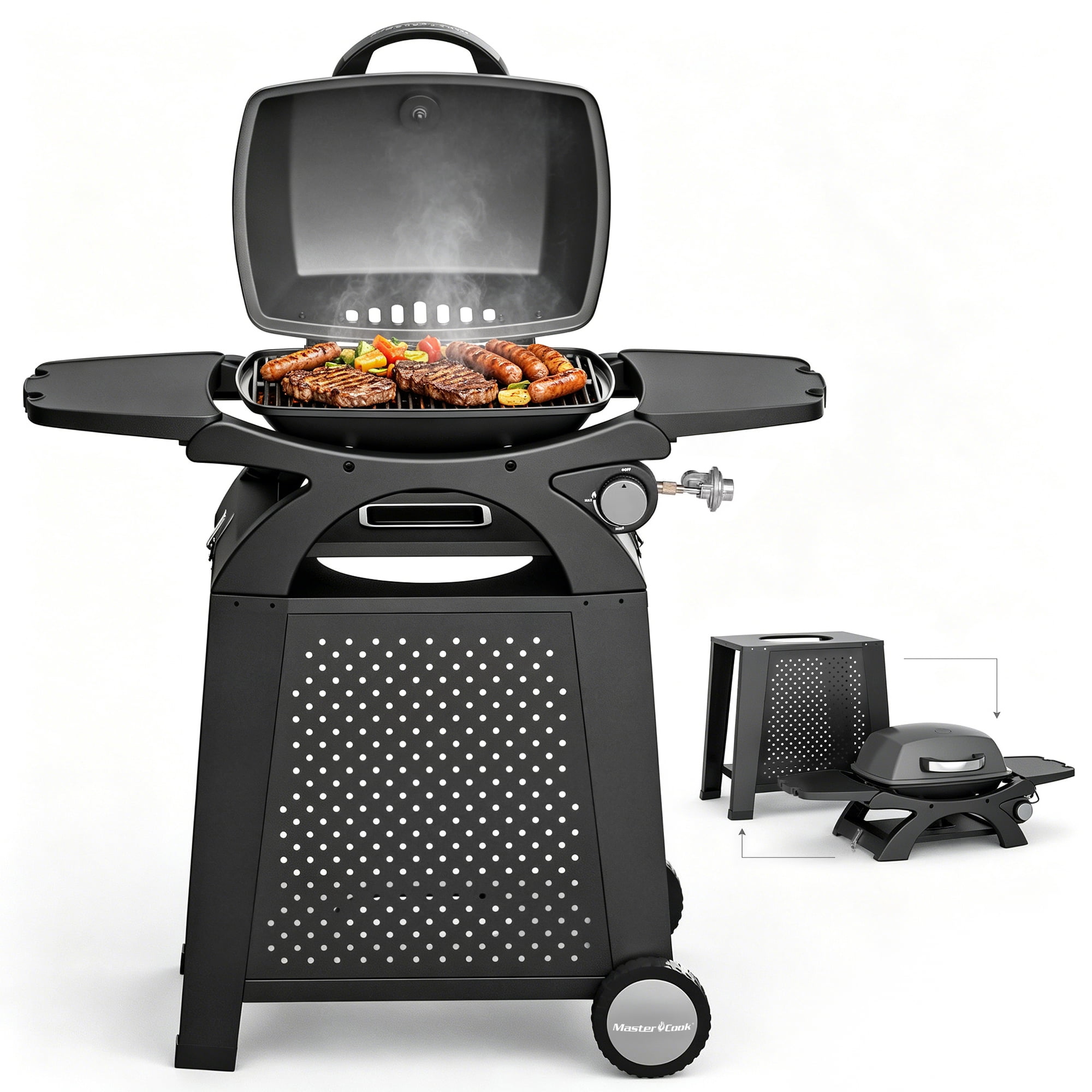 MASTER COOK Propane Gas Grill, Portable Tabletop Barbecue Grill with Cart for Patio, Camping, Travel