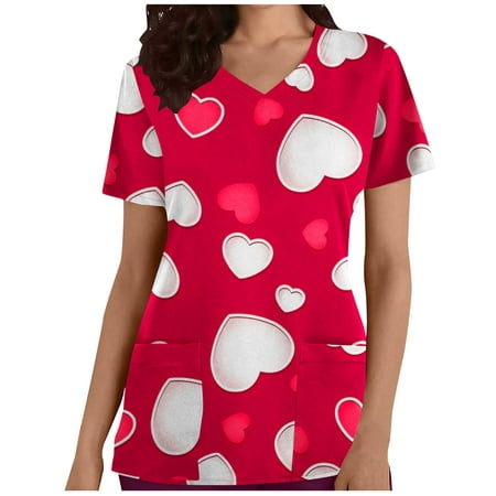 

CYMMPU Women s V-Neck Pocketed Scrub_Tops Nurse Workwear Uniform Clearance Going out Tops Summer Tees Short Sleeve Shirts Trendy Valentine s Day Tunic Love Heart Printing Fashion Tshirts Hot Pink XL