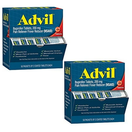 50 Packets of 2 Capsules Pain/Fever Reliever Coated Tablet, Individually Sealed, 200mg Ibuprofen, Travel Pack (2 Pack)