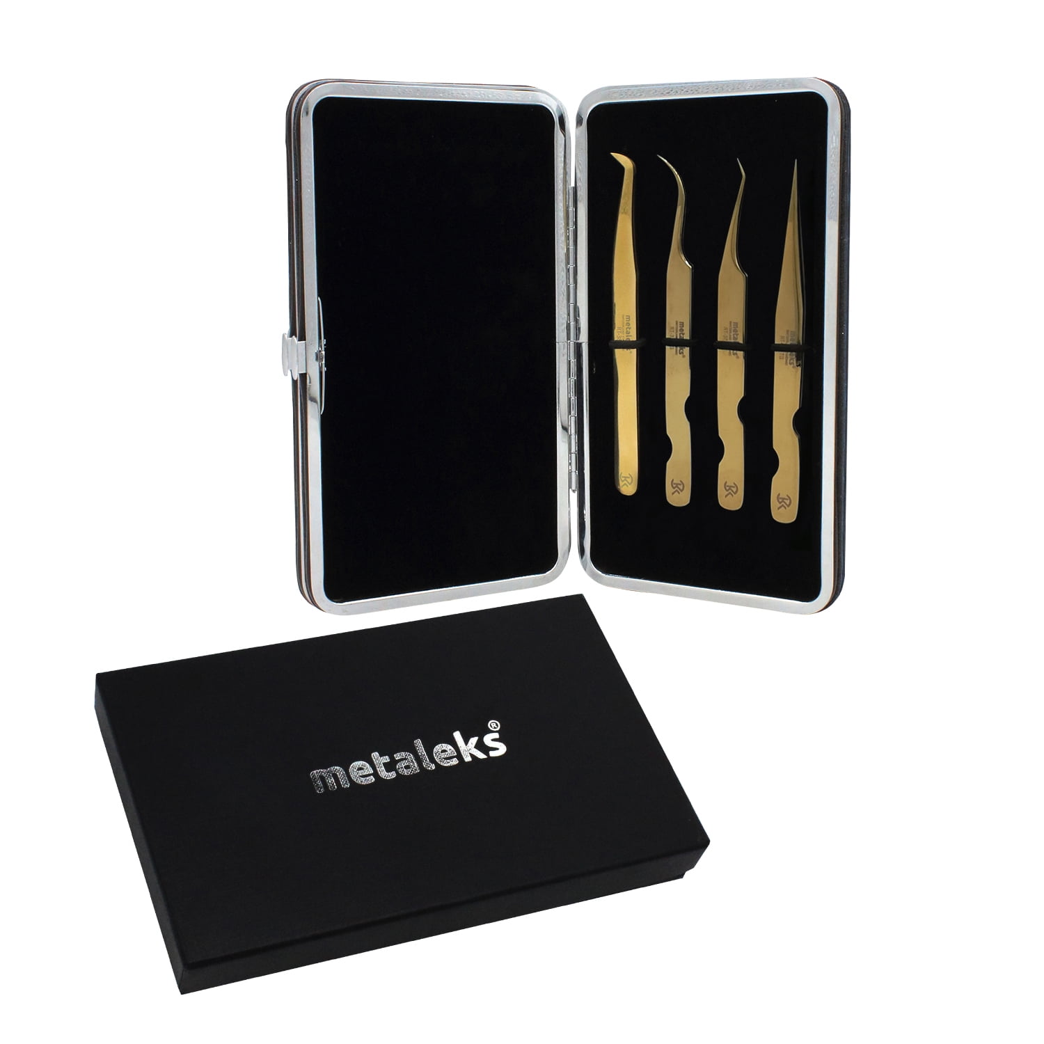 4PCS - 12CM Golden Titanium Coated Eyelash Extension Tweezers With Black Glitter Elastic Kit - Made of Japanese Stainless Steel