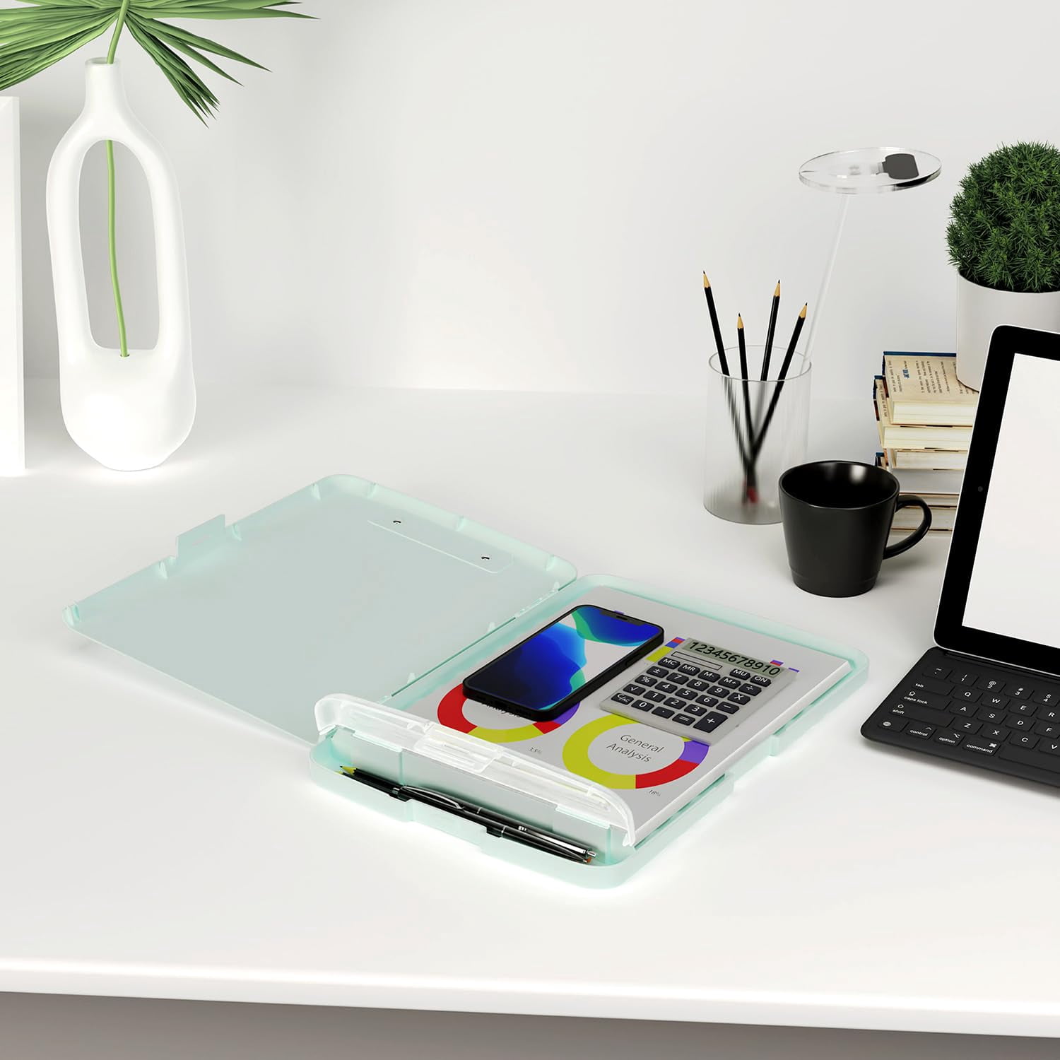 Clipboard With Storage  8.5 X 11 Organization Box Pen Holder And A4 Legal Paper Folder Folio & Side-opening Low Profile Clip For Teachers Size 14 9.6 1.2 In Blue