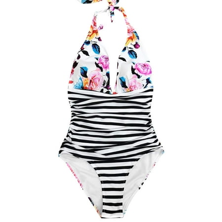 Women's Bold Floral and Stripe Halter One Piece Swimsuit | Seaselfie by Cupshe