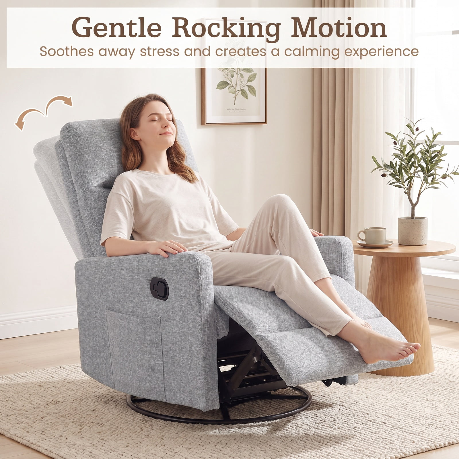 Furnibear Swivel Rocking Chair with 360 Degree Base Reclining Backrest and Extending Footrest for Nursery and Living Room, Gray