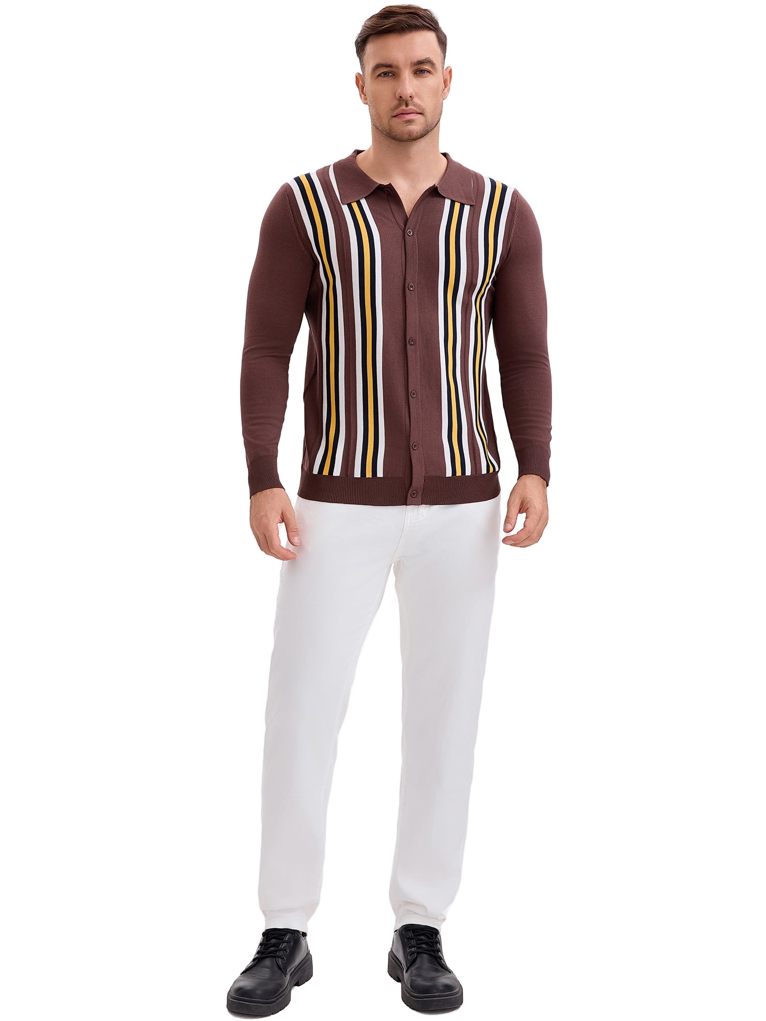DARING DIVA Men's Long Sleeves Button Down Printing Knitted Polo Shirts 2XL Brown