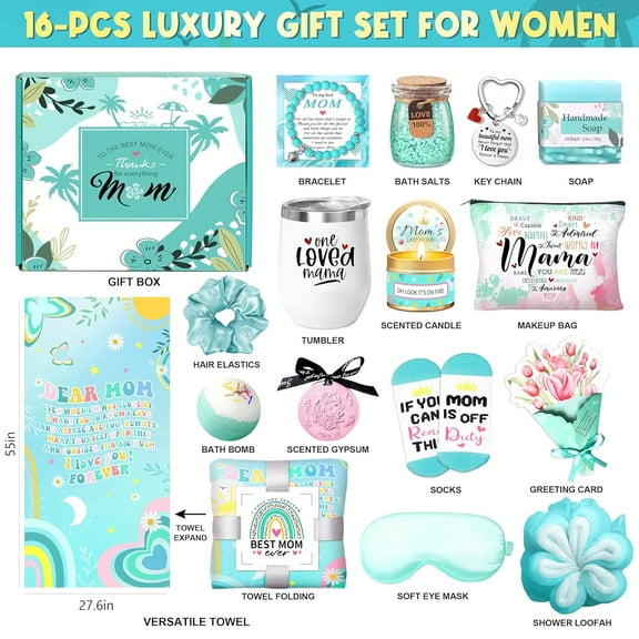 Mother's Day Baskets Gifts for Mom - 16-Piece Luxury -Care Gift Set with Towel, Tumbler & (Green)