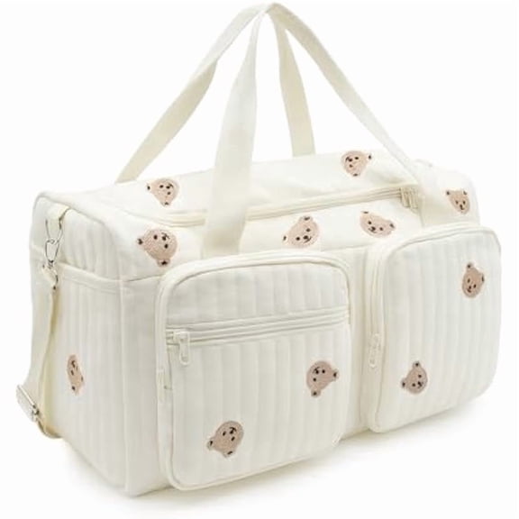 Bear Embroidered Large Travel Duffle Bag, Lightweight Weekender Tote with Shoulder Strap, Multi-Pocket Carry-On Bag