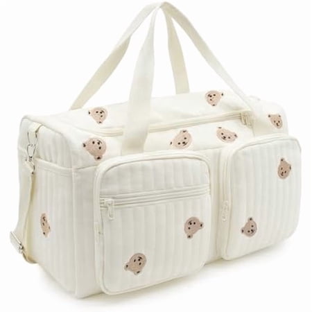 Bear Embroidered Large Travel Duffle Bag, Lightweight Weekender Tote with Shoulder Strap, Multi-Pocket Carry-On Bag