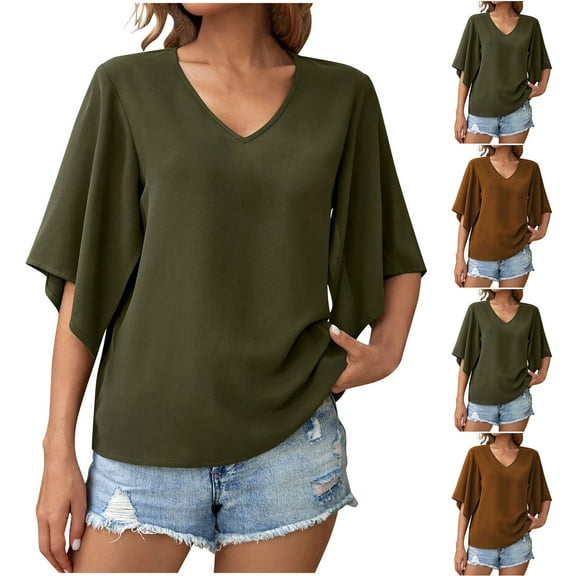 Fengqque Womens V Neck Short Sleeve Tshirts Loose Casual Solid Color Bat Sleeves Summer Women's Tops with Pockets Green XL(XL)