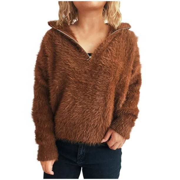 Ailaofu Womens Fuzzy Fleece Half-Zip Pullover Sweatshirt Fall Lapel Long Sleeve Casual Outerwear
