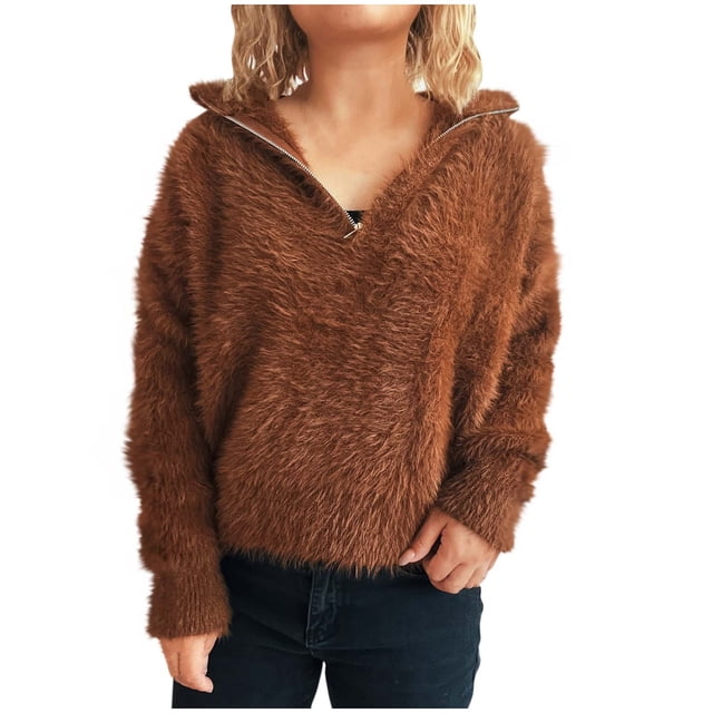 Ailaofu Womens Fuzzy Fleece Half-Zip Pullover Sweatshirt Fall Lapel Long Sleeve Casual Outerwear