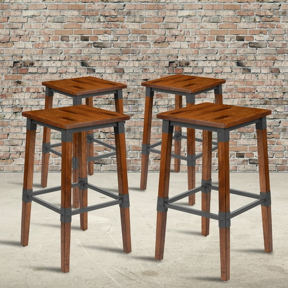 Emma   Oliver Rustic Backless Wood Barstools, Walnut (Set of 4)