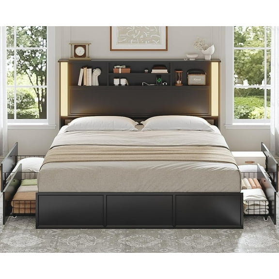 CalmOasis Queen Bed Frame with 4 Storage Drawers and Charging Station