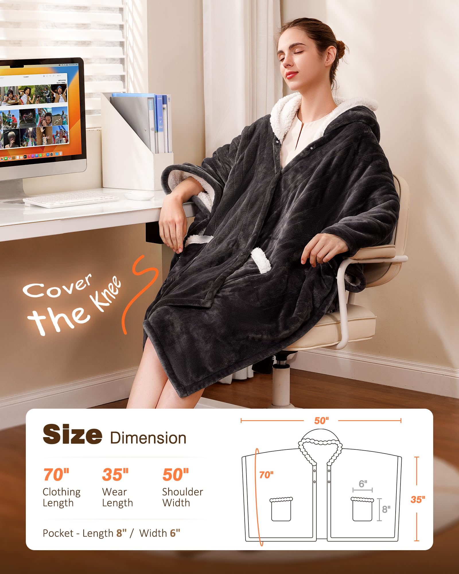 Ocuuziisu Electric Throw Blanket with Pockets and Hood, 50" x 70" Flannel and Sherpa Electric Wrap, 6 Heating Levels, 4-Hour Auto Shut Off, Machine Washable, Grey
