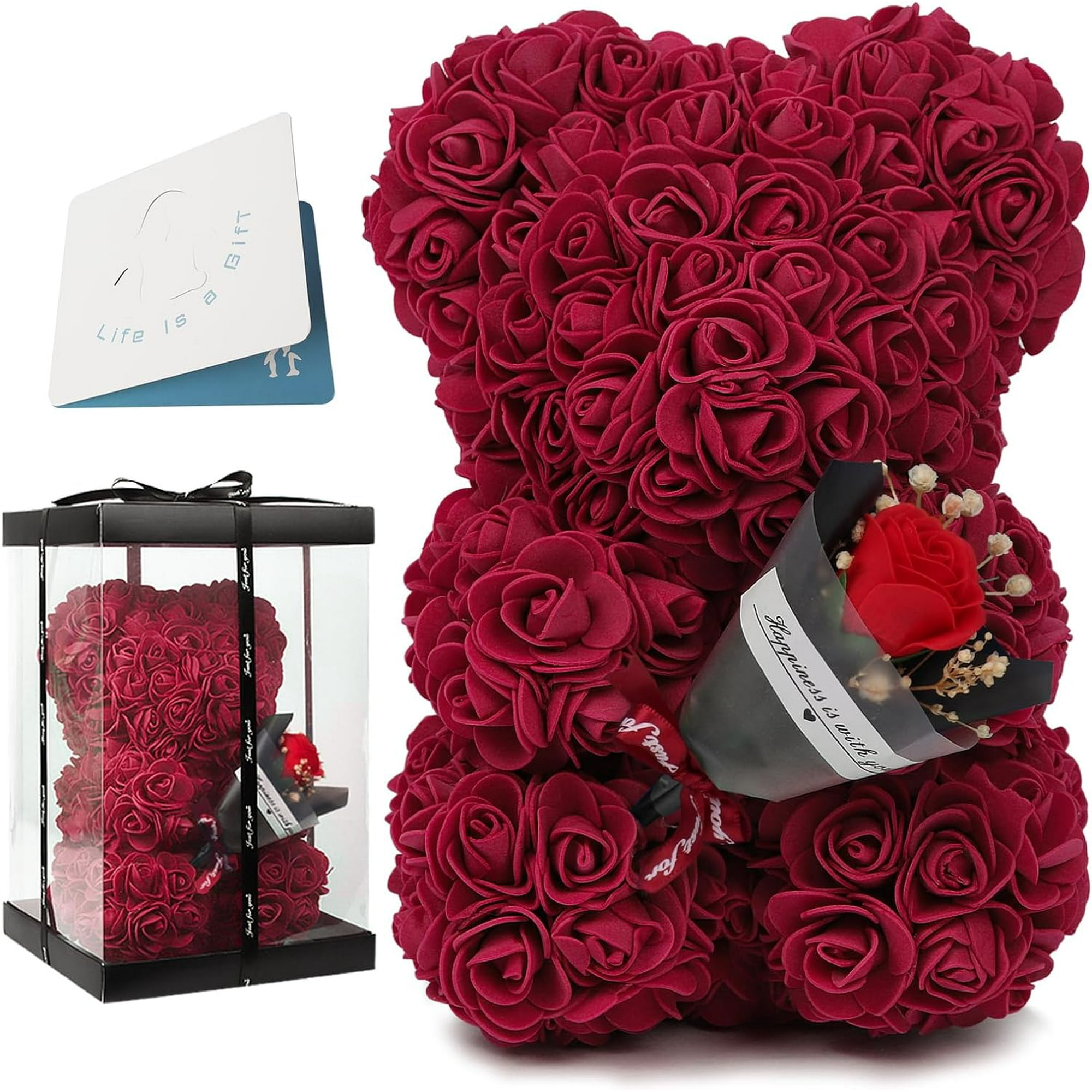 Rose Flower Hand Made Rose Teddy Bear Christmas Rose Bear Gifts Preserved Rose Forever Teddy Bear with Box Gift for Women Valentines Day Wedding and Anniversary Birthday Present Claret Walmart