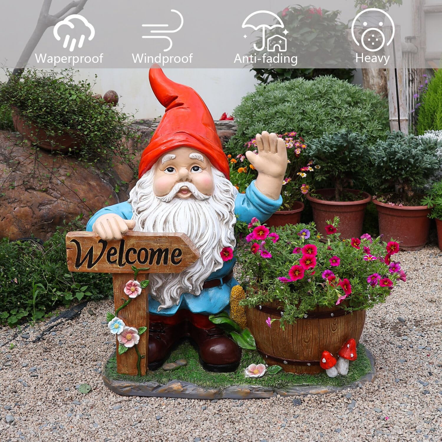 Outdoor Garden Gnome Flower Pot Planter with Welcome Sign, Unique Yard Statue for Patio, Lawn, Garden, Front Porch Decor, Red