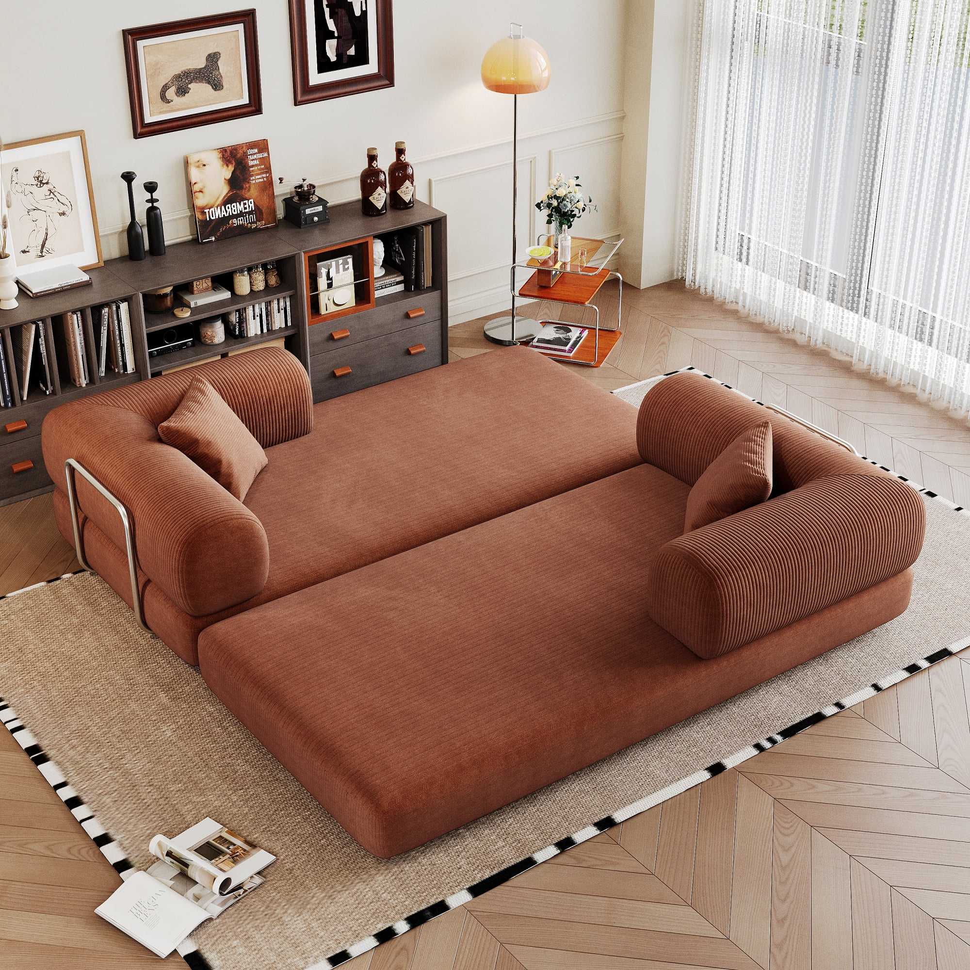 Leumius 78.8" Convertible Sofa Bed with Fixed-Shape Frame & Support Armrest,Modular Corduroy Sleeper Sofa,Boneless Couch Folding Mattress Couch for Small Spaces - No Assembly Needed,Brown