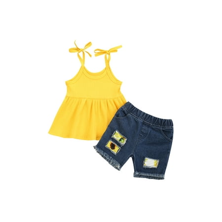 

Canrulo Toddler Baby Girls Summer Outfits Ruffle Camisole Top + Short Ripped Jeans Kids Clothes 2Pcs Set Red Wine 18-24 Months