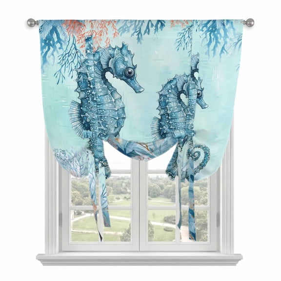 Coastal Seahorse Blue Balloon Curtains for Windows, Bedroom Curtains 54 Inch Length, Summer Beach Nautical Coral Starfish Tie Up Curtains Panels Thermal Insulated Bathroom Curtains Window 42"x54"