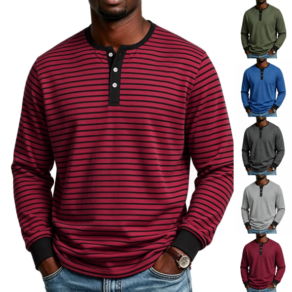 Henley Shirts for Men Long Sleeve Casual Stripe Tops Lightweight Long Sleeve V Neck Tshirts Moisture Wicking Casual Daily Fall Solid Versatile for Street Fashion Business Work