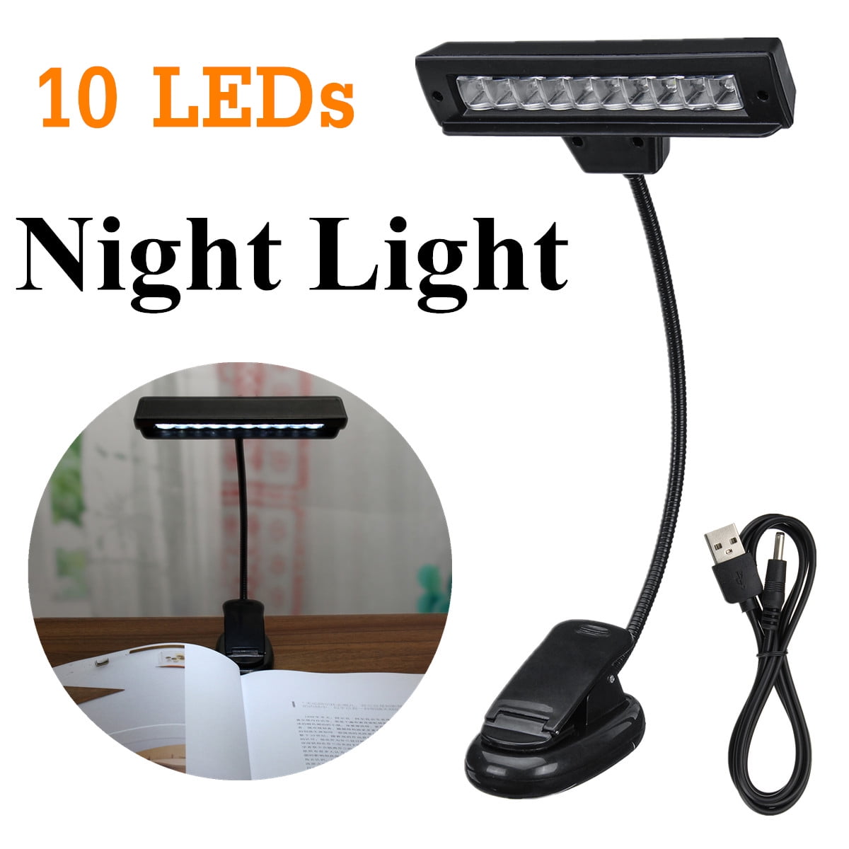 10 LED Music Stand Clamp Night Light Clipon Bed Desk Reading Study