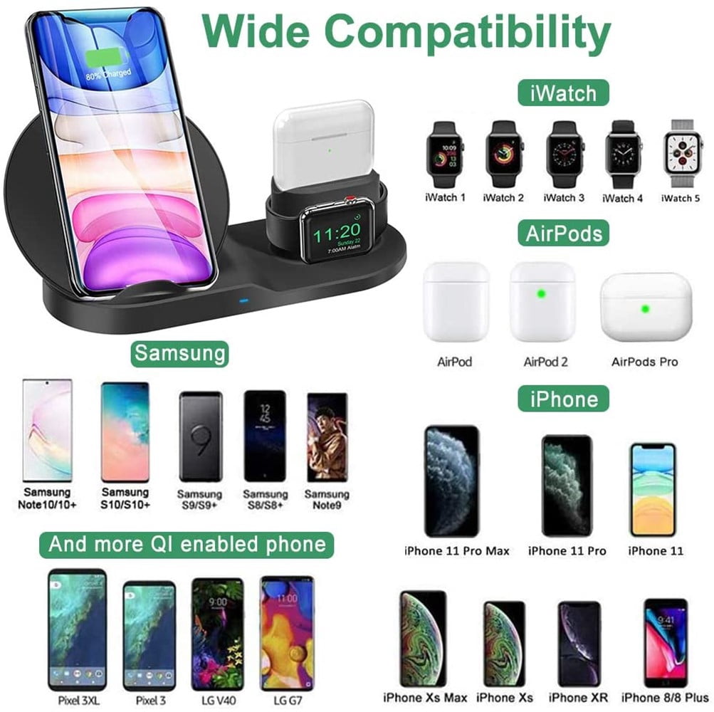 3 in 1 Wireless Charger for iPhone 11 Pro Max/Xs/XS/8P, Fast Wireless Charger for AirPod, Wireless Watch Charging Stand for iWatch 1/2/3/4/5,Black