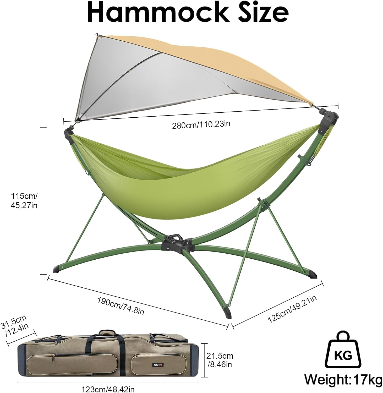 Portable Outdoor Garden Hammock with Quick-Fold Stand, Adjustable Sunshade, Storage Bag Hammock Chair Suitable for Camping, Home Gardens, Hotels, Outdoors, Beaches