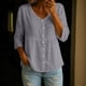 thumbnail image 1 of Craaazy Women Casual V Neck Blouse, Solid Color 3/4 Sleeve Button Down Shirt, Loose Fit Comfy Cotton Linen Top for Daily Wear Gifts, 1 of 6