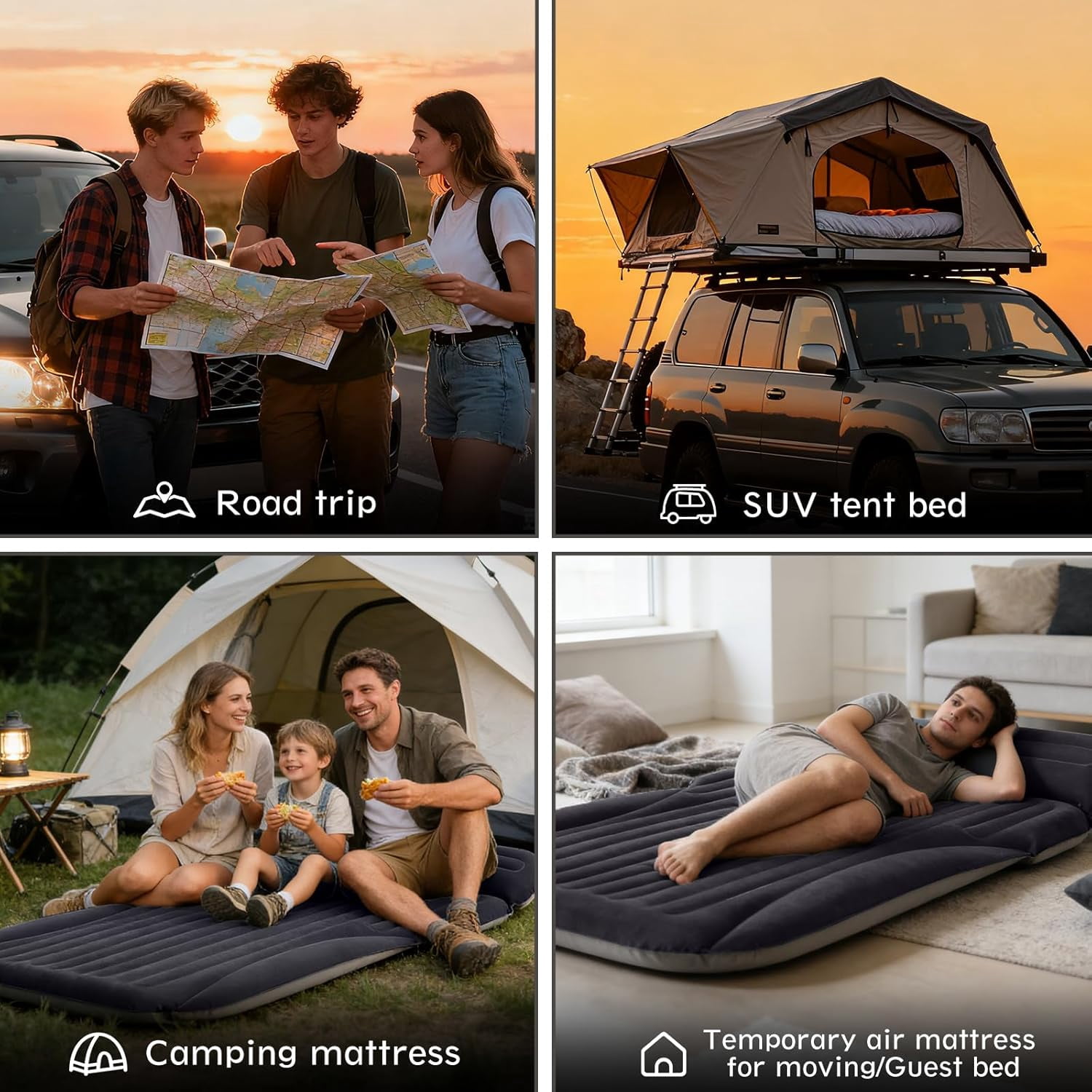 Air Mattress, Double-Sided Thick Flocked Car Air Mattress with Built-in Pump & Pillow, Complete Sleeping Accessories for Auto Camping & Road Trips