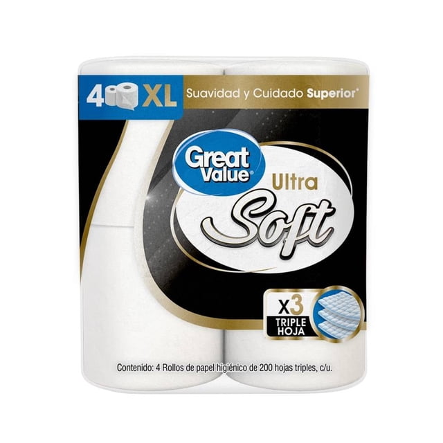 Papel higiénico Great Value ultra soft 4 rollos con 200 hojas triples c/u