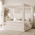 thumbnail image 6 of Amerlife Canopy Bed Frame Queen Size with 74.8" Tall Four-Post Design, Modern Deep-Tufted Velvet Upholstered Headboard with Charging Station, Cream, 6 of 10