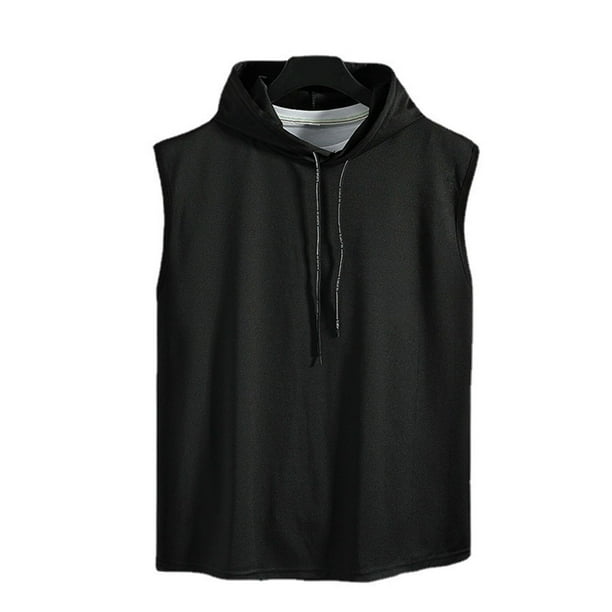 Men Sleeveless Hoodie Quick Drying High Elasticity Wear Resistant Soft Men Sleeveless Vest for Training Black