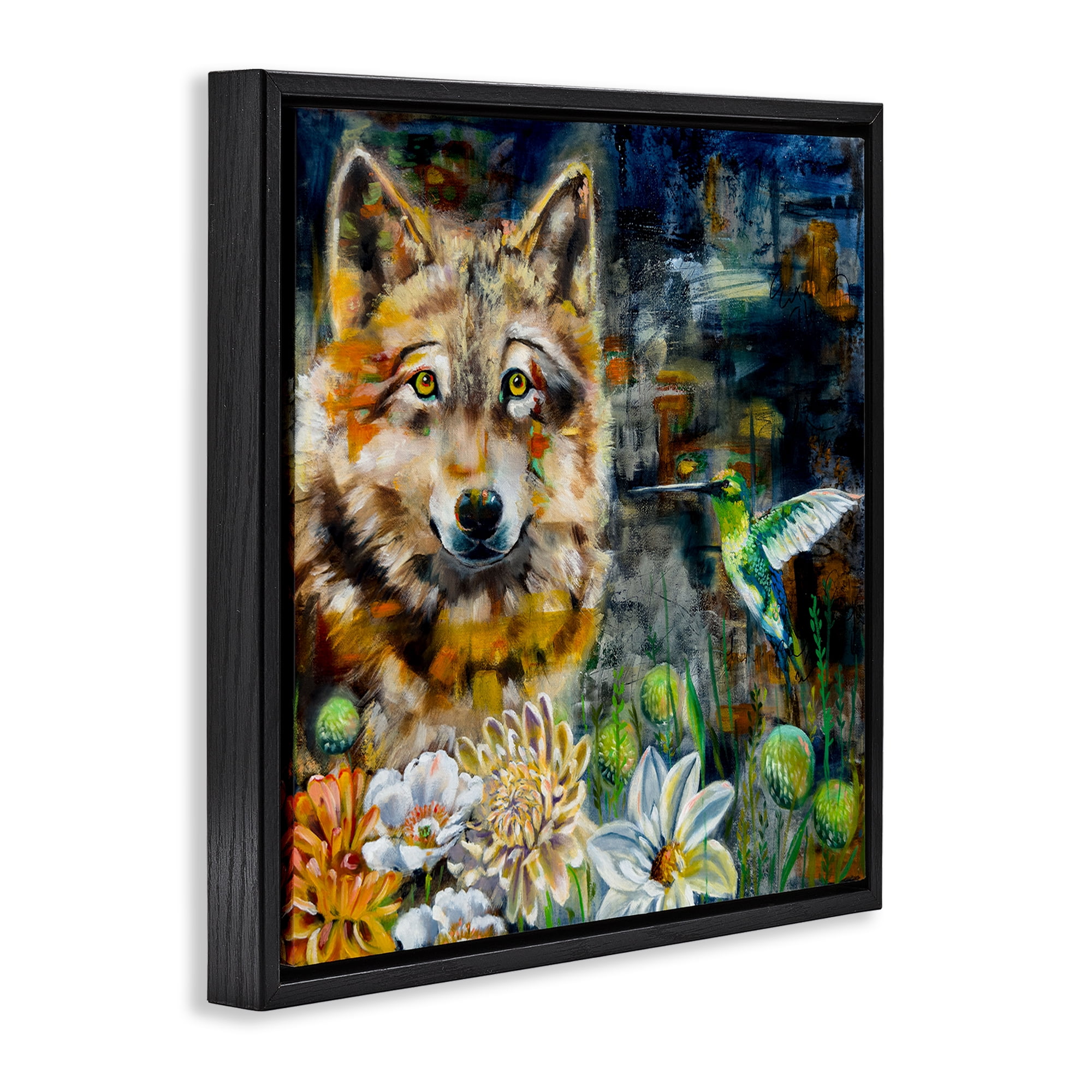 Stupell Industries Beautiful Wolf & Hummingbird Animals Painting Black Floater Framed Canvas Art Print Wall Art, 25 x 25