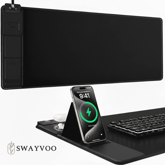 Swayvoo Gaming Mouse Pad with Wireless Charging, Waterproof Desk Mousepad with Phone Holder, 15W Fast Charging Large Computer Keyboard Mat for Home, Office