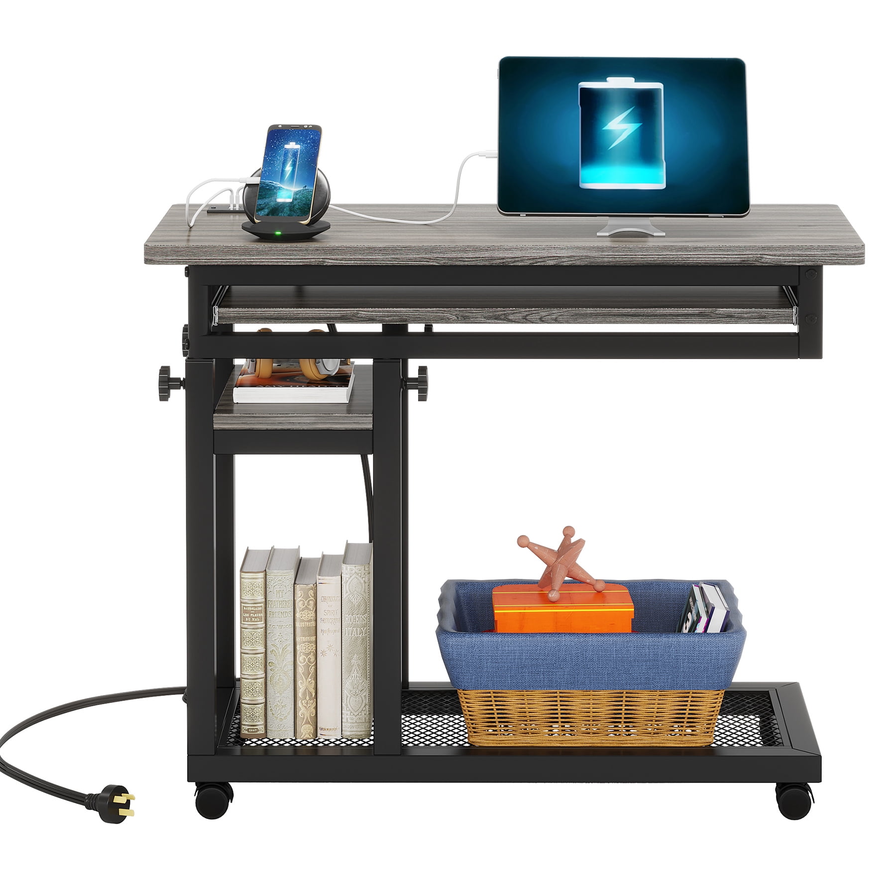 Fnova Small Portable Desk with Charging Station, Height Adjustable Mobile Desk with 4 Wheels, USB Ports & Power Outlet, Rolling Computer Cart, C Side Table for Sofa Couch Bedside, Gray