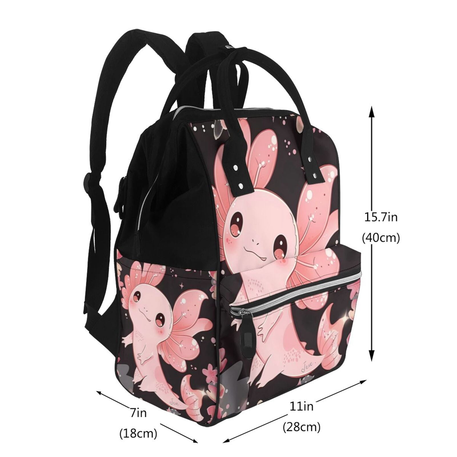 Ratiio Cute Axolotl Sakura Blossoms A Mummy Backpack - Waterproof Twill Canvas, Large Capacity Diaper Bag with Multiple Pockets and Adjustable Straps
