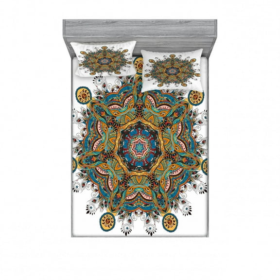 Ambesonne Mandala Fitted Sheet & Pillow Sham Set, Tribal Paisley Boho Art, Full, Multicolor
