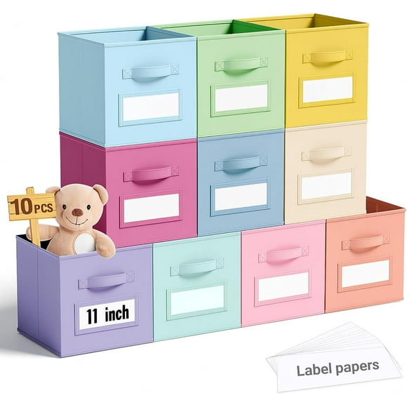 10 Pcs Fabric Storage Cubes with Labels 11 Inch Collapsible Cube Organizer Baskets with Window Cards for Shelf Nursery Clothes Book Toys Christmas Festival Storage Bin(Macaroon)