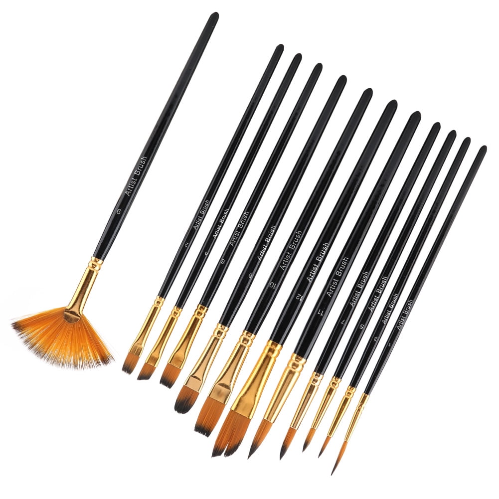Fdit 12pcs Black Wooden Pole Nylon Hair Paint Brush Set Art Craft