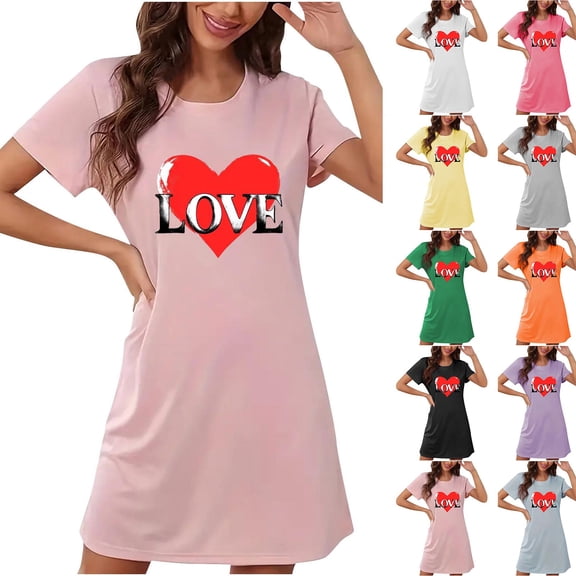 Sakmal Valentines Moo Moos for Women Nightgowns Love Lightweight Short Sleeve House Dress Short Heart Print Womens Nightgown L